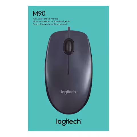 Logitech M90 USB Wired Mouse, 3 Buttons, Optical Tracking, 1000 DPI, Ambidextrous